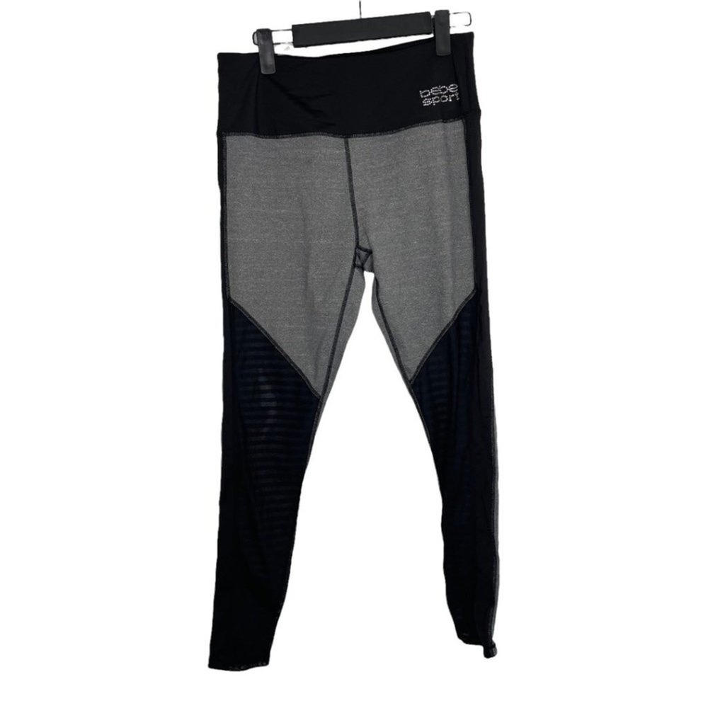 Bebe Sport Womens Gray Black Colorblock Mesh Rhinestone Logo Leggings Size M